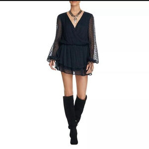 FREE PEOPLE Women's Deep Jade Daliah Peasant Textured Mini A-Line Dress M Boho